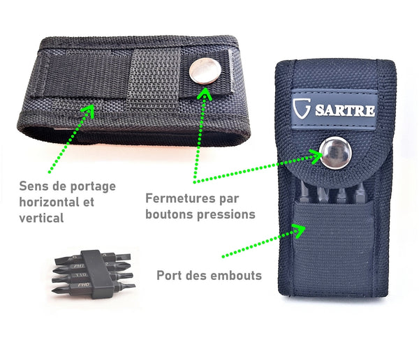 Pince multifonction équipé d'une pochette à fermeture par pression, double sens de portage et emplacement pour embouts